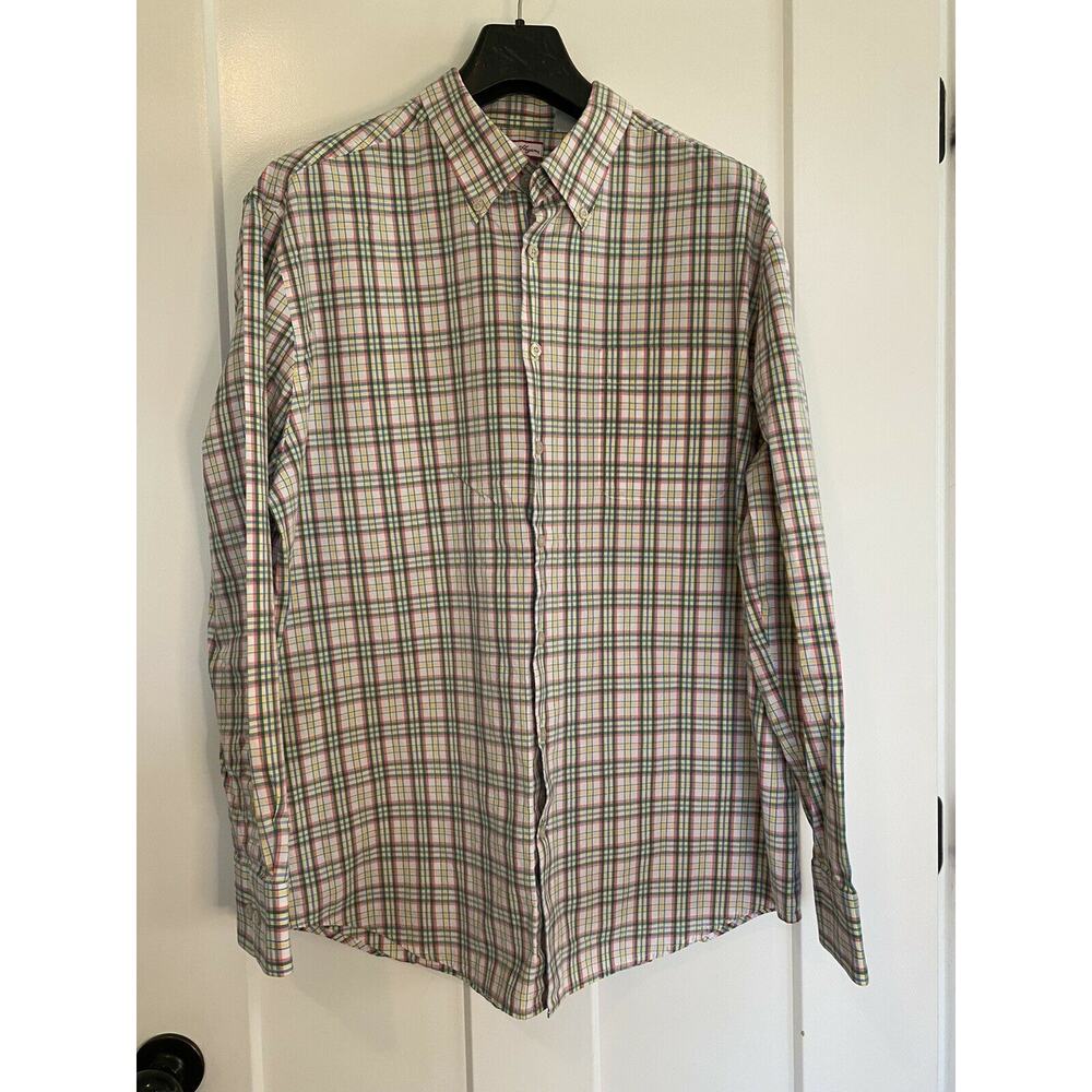 Ben Hogan Long Sleeve Button-Down Collar Dress Shirt Blue Green Plaid Size XL